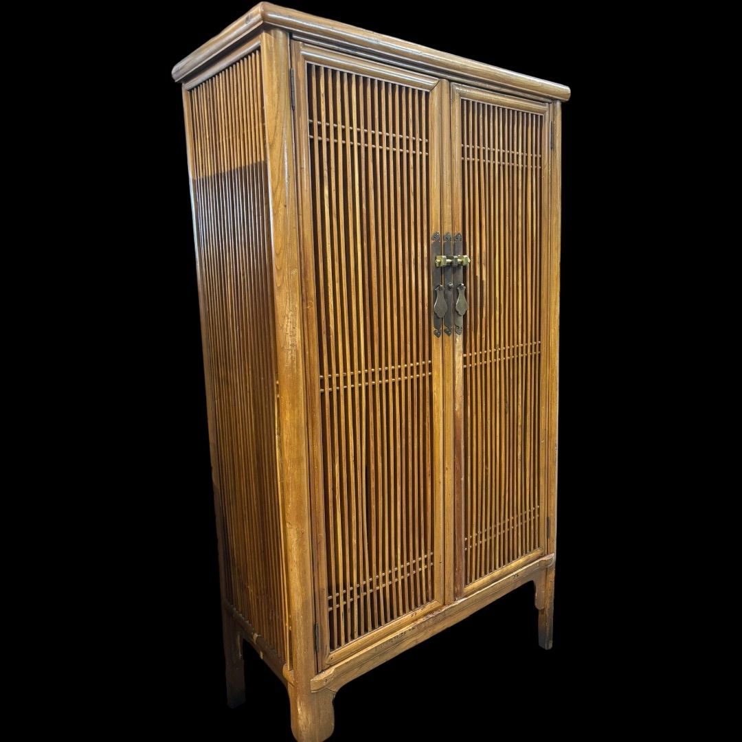 中国傑作品 中国美術 格子 鍵付き キャビネット 茶棚 唐木 無垢