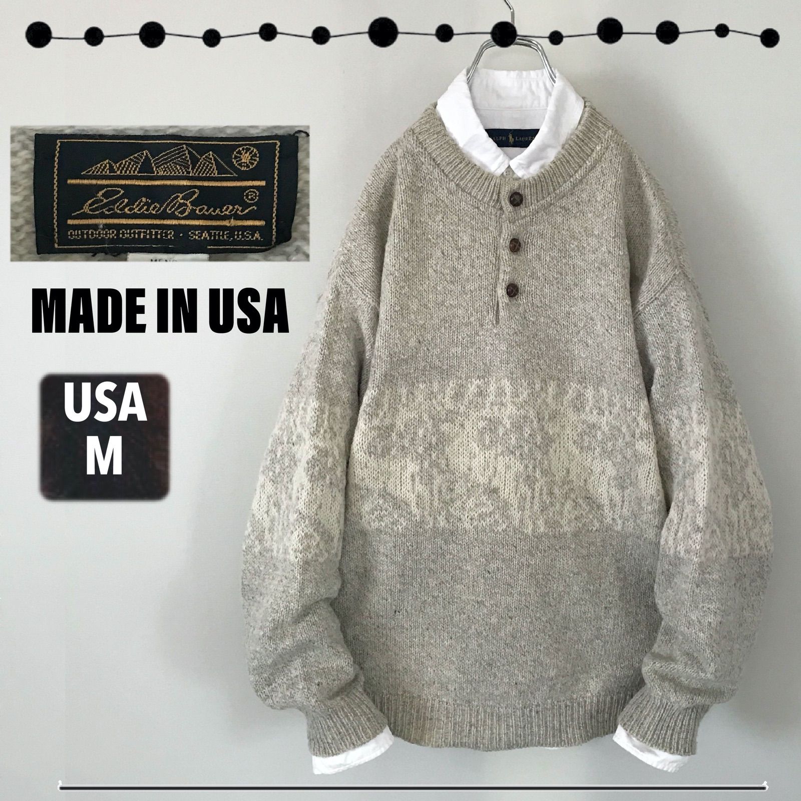 90s EDDIE BAUER エディーバウアー☆黒タグ USA製☆ヘンリーネック 