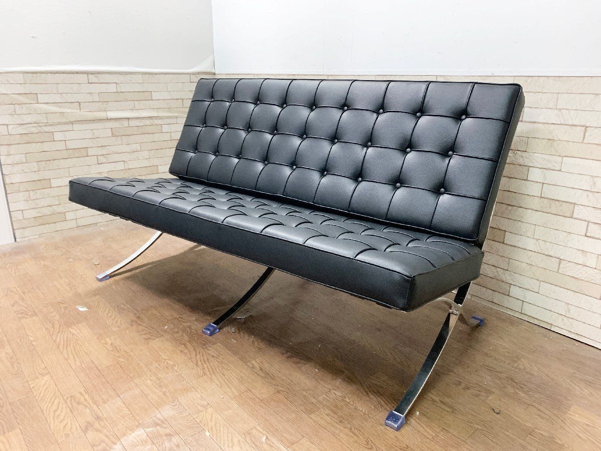◆ IDC大塚取扱 バルセロナチェア リプロダクト 2人掛け ラブソファ スムース 2P 腰掛 革 ブラック ミースファンデルローエ 畑1101