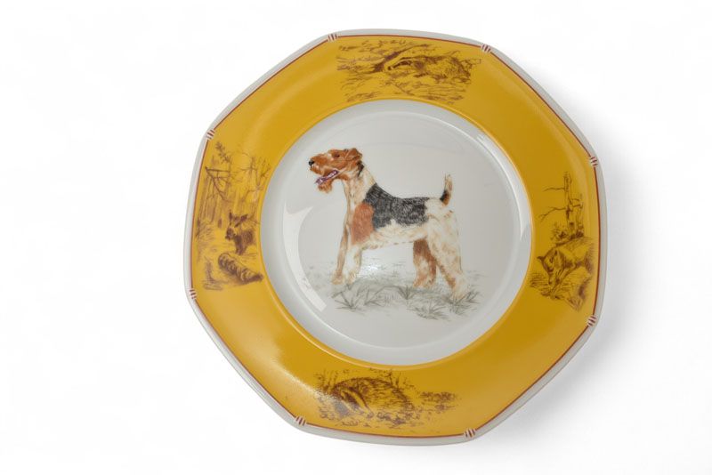 【美品、箱付き】エルメス 絵皿 犬 八角プレート ダックスフンド シャスシリーズ HERMES - HERMES 新品エルメスシャスグリーン緑21cmプレート八角