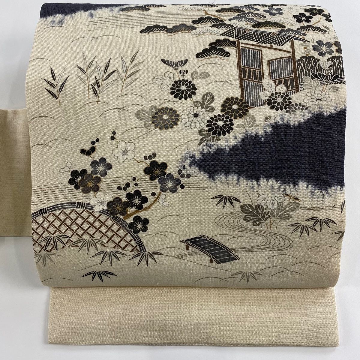 名古屋帯 秀品 紬地 松竹梅 霞 金彩 ベージュ 正絹