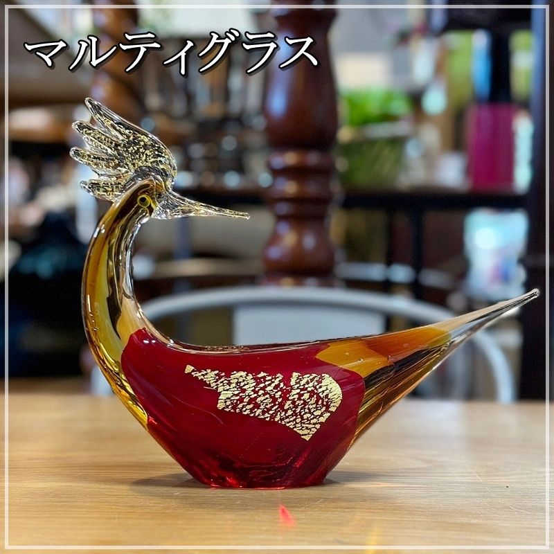 レトロ マルティグラス 鳳凰 ガラス 置物 インテリア 金彩 赤 ルビー 