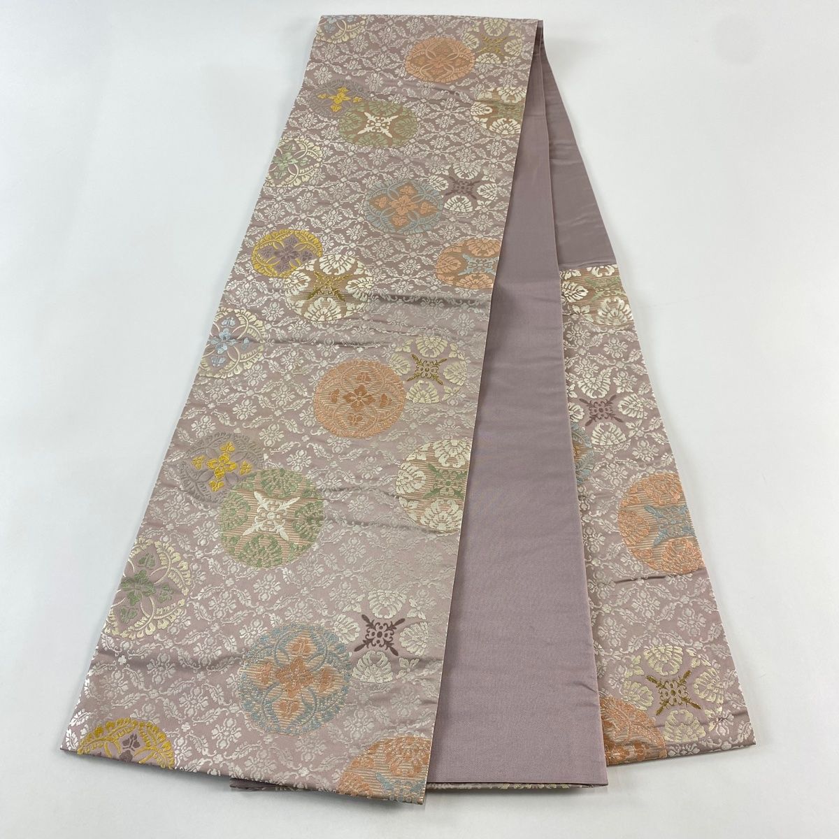 袋帯 美品 名品 花唐草 幾何学模様 金糸 紫 六通 正絹 【中古】 袋帯美