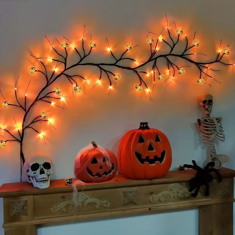 LEDウィローブランチハロウィンデコレーションライトストリング 即 OK タイマー8モード防水ライトストリング バッテリー駆動 壁 ベッドルーム 家庭用暖炉デコレーション オレンジパンプキン yunban587