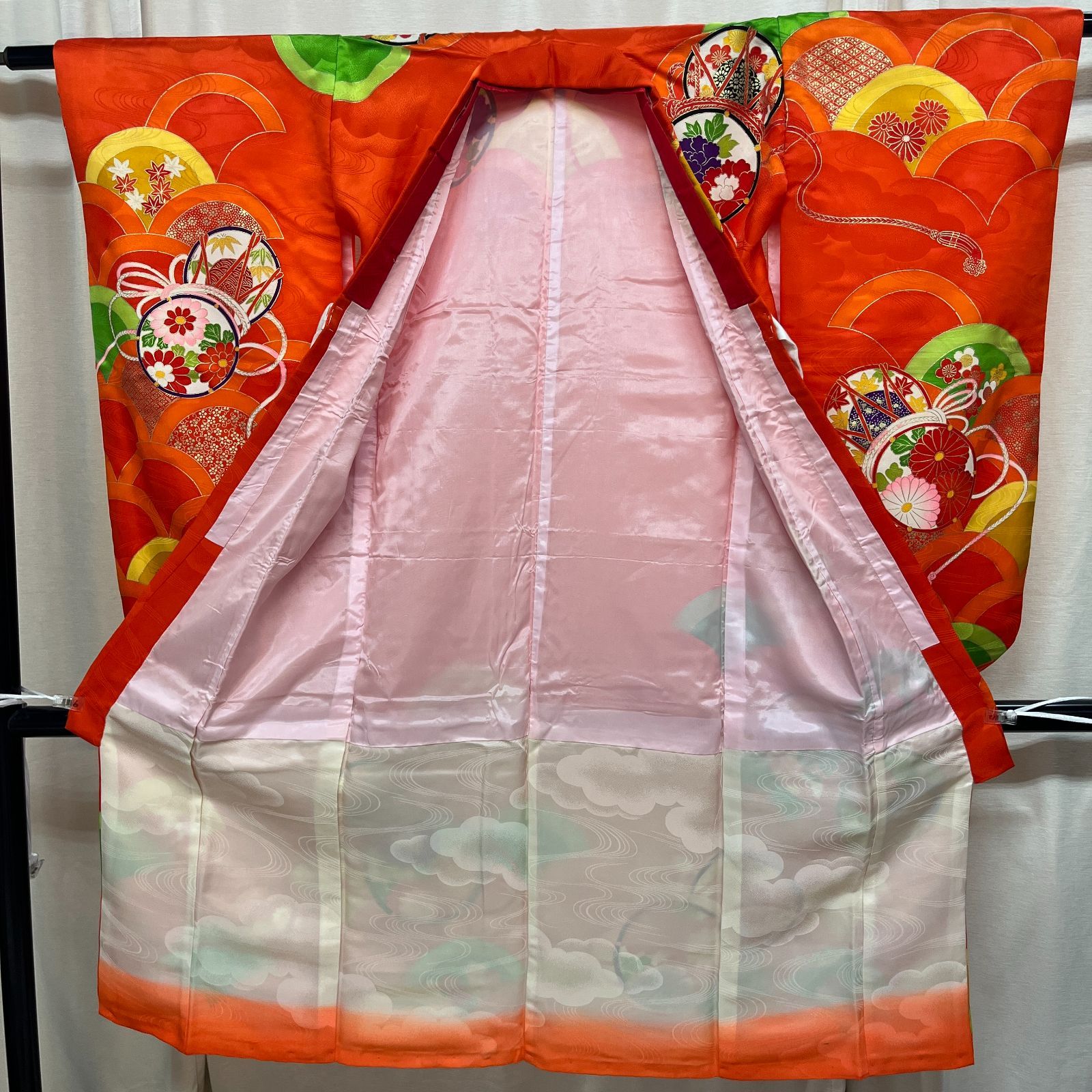 七五三 7歳女の子 着物 四つ身 オレンジ 長襦袢 作り帯セット