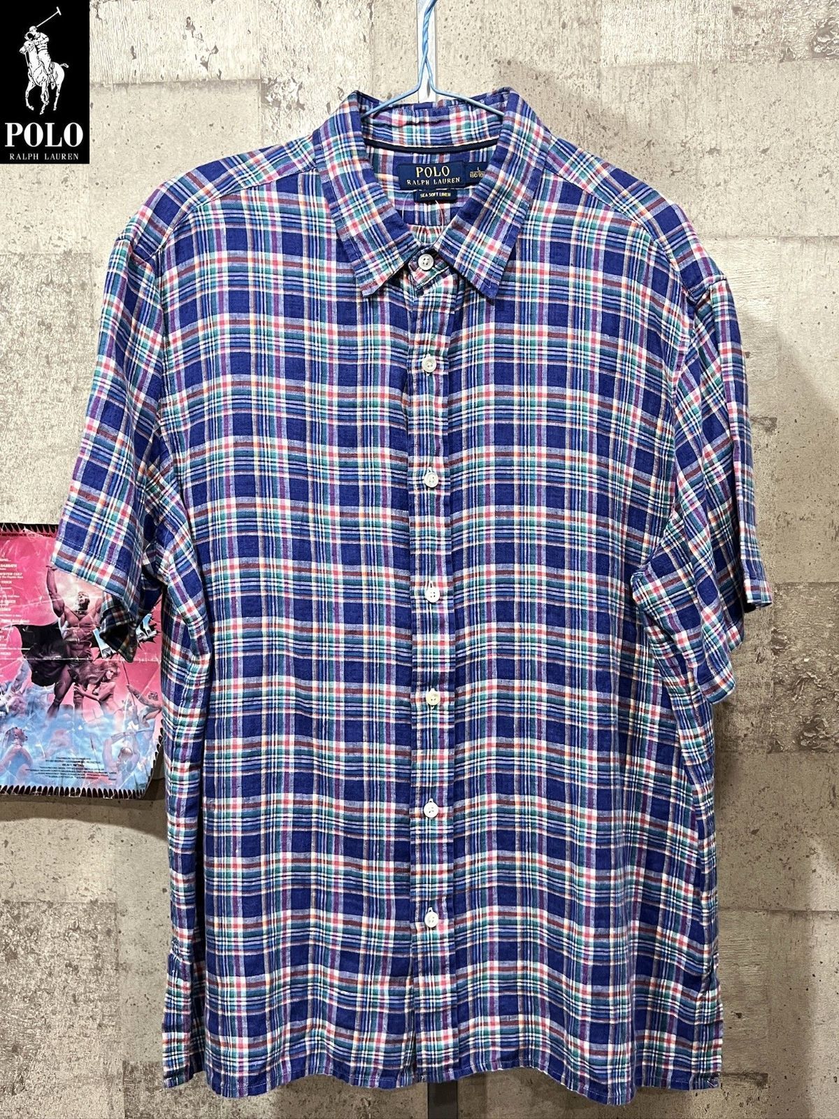 ポロラルフローレン 正規 リネン チェック柄 半袖シャツ L 麻 POLO 