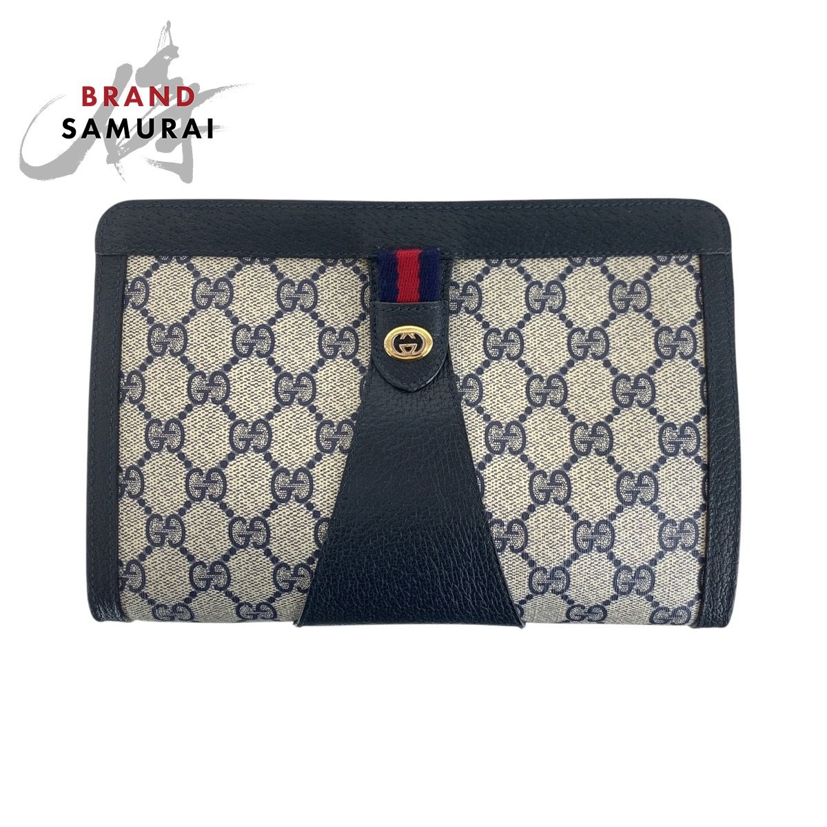 GUCCI グッチ ヴィンテージ グッチ シェリーライン ネイビー グレー GGスプリームキャンバス|レザー クラッチバッグ 503032