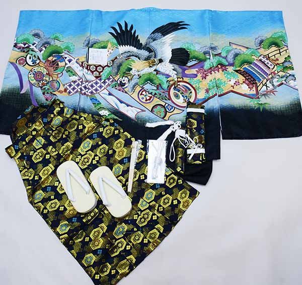 七五三 五歳 男児 羽織袴フルセット 金刺繍 青地 鷹 袴変更可 NO37126 七五三 五歳 男児 男の子 羽織袴フルセット 着物 金刺繍 青地 鷹