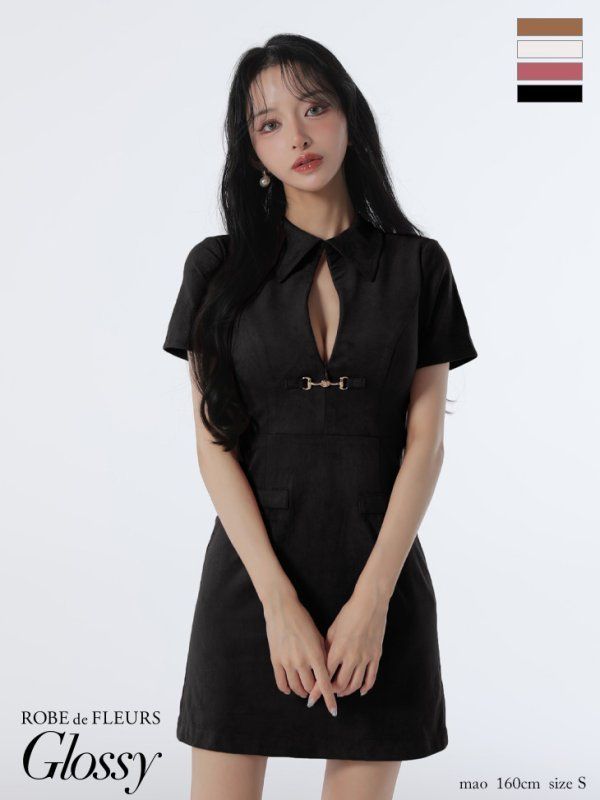 ブラック GL3945-IV-2508 XS-Lサイズあり Glossy グロッシー スエード バストカット 半袖 ミニドレス キャバドレス