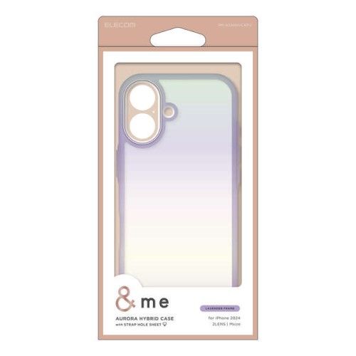 iPhone 16用 ハイブリッドケース 衝撃吸収 カメラレンズ保護設計 ストラップホール付 オーロラ ストラップホールシート付 ＆me（ラベンダー） エレコム PM-A24AHVCAPU
