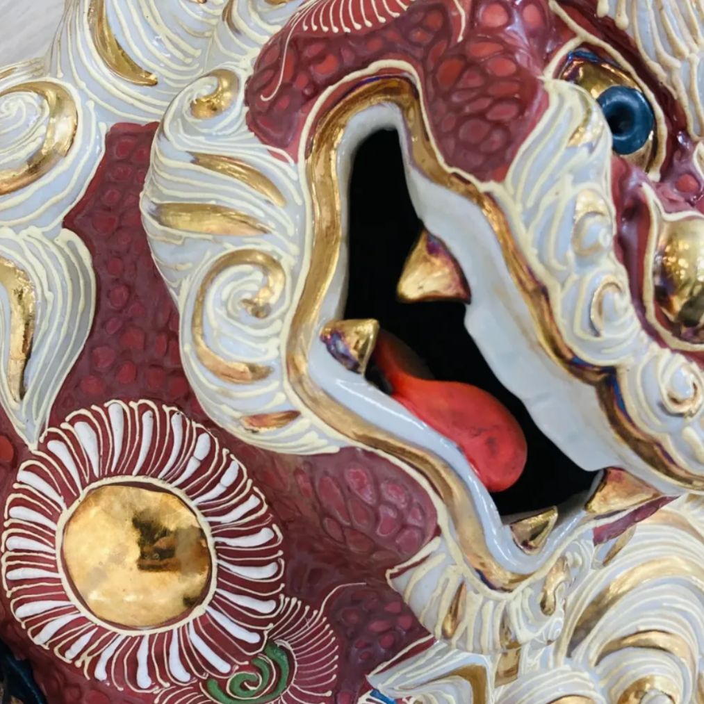 A【骨董品】九谷焼 九谷焼 獅子 シーサー 高さ約40cm 大きめ 縁起物