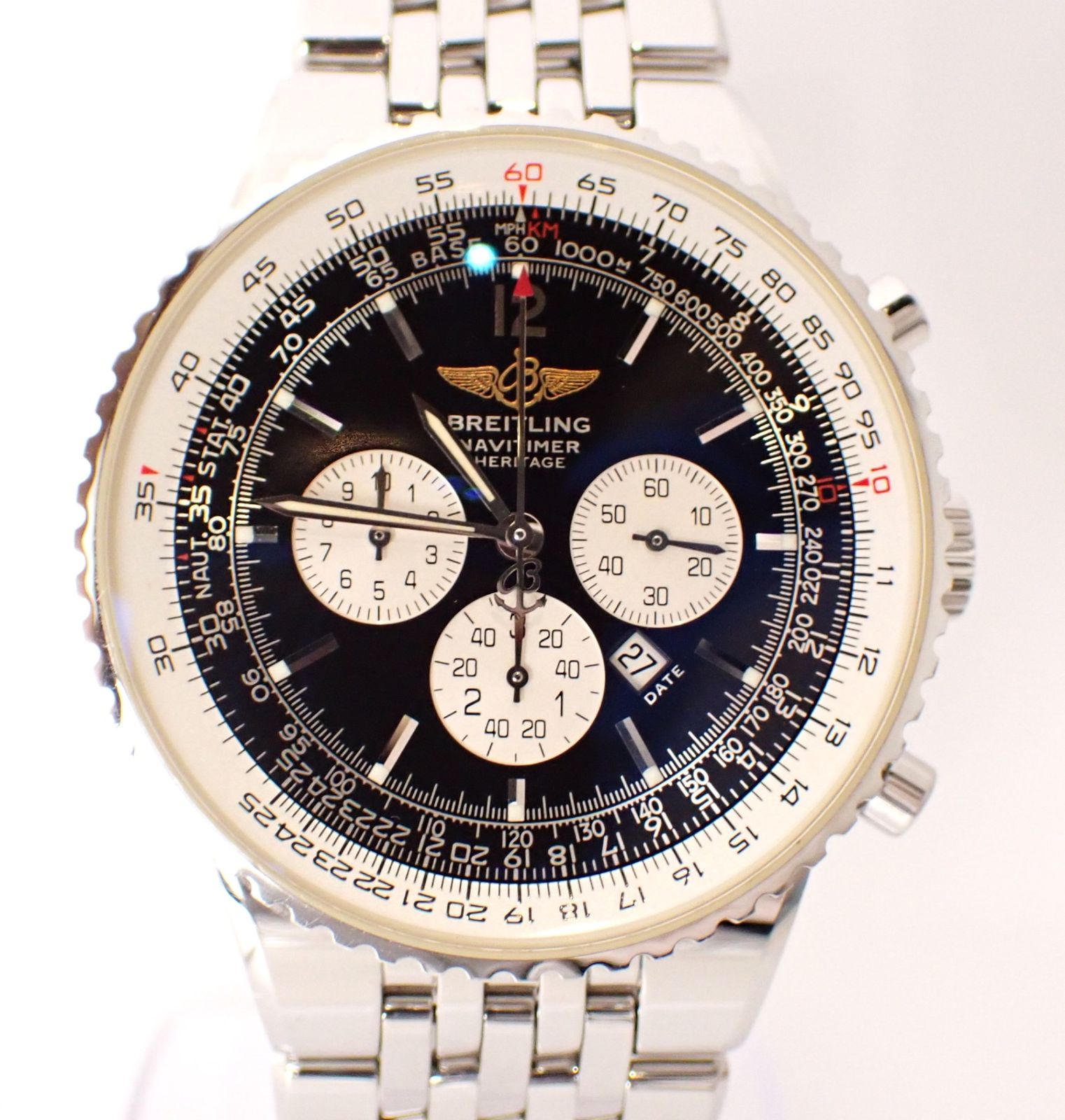 美品 箱付き BREITLING(ブライトリング) ナビタイマー A35340 SS AT 自動巻き 飛行機 クロノグラフ ブラック文字盤 メンズ ケースサイズ43mm