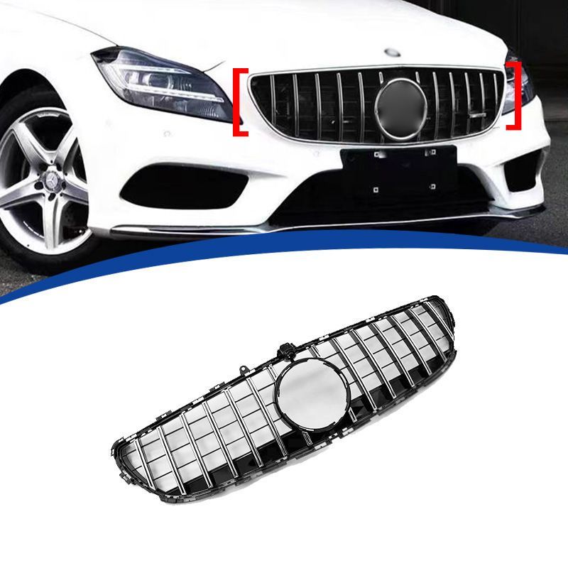 メルセデス ベンツ CLS W218 2015-2018 GT風 中網 交換用 ABS素材 ブラック 縦条シルバー 外框なし ドレスアップ