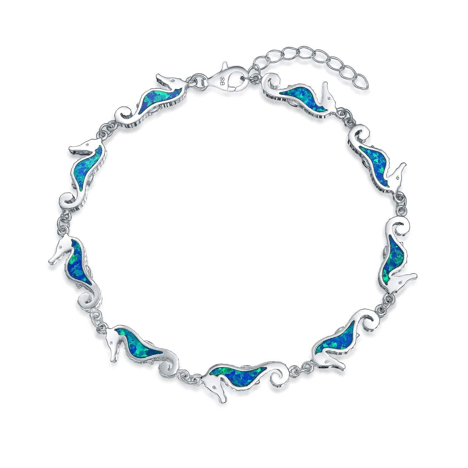 数量 女性用 ノーティカル シーホース ブルー クリエイテッド オパール チャーム リンク ブレスレット Jewelry .925スターリング シルバー Bling
