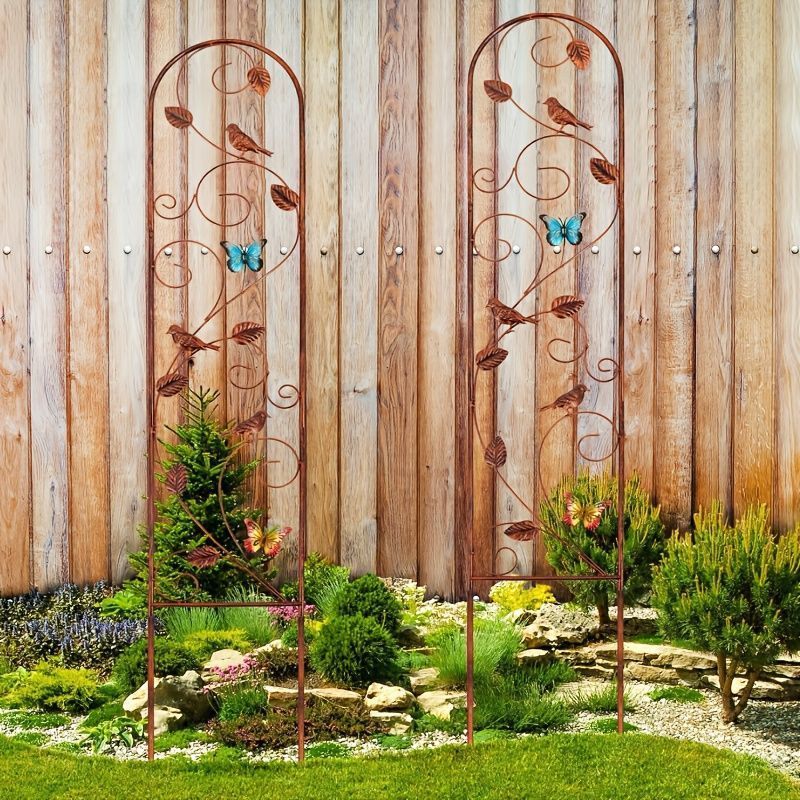 ガーデン フェンス ガーデンフェンス カラフルな蝶々付き ヴィンテージ おしゃれ 北欧 屋外 植物トレリス 2個セット パティオ 庭園 芝生装飾用 おしゃれ 庭 バルコニー ベランダ ガーデニング セット販売 かわいいデザイン 鳥のシルエット 銅色