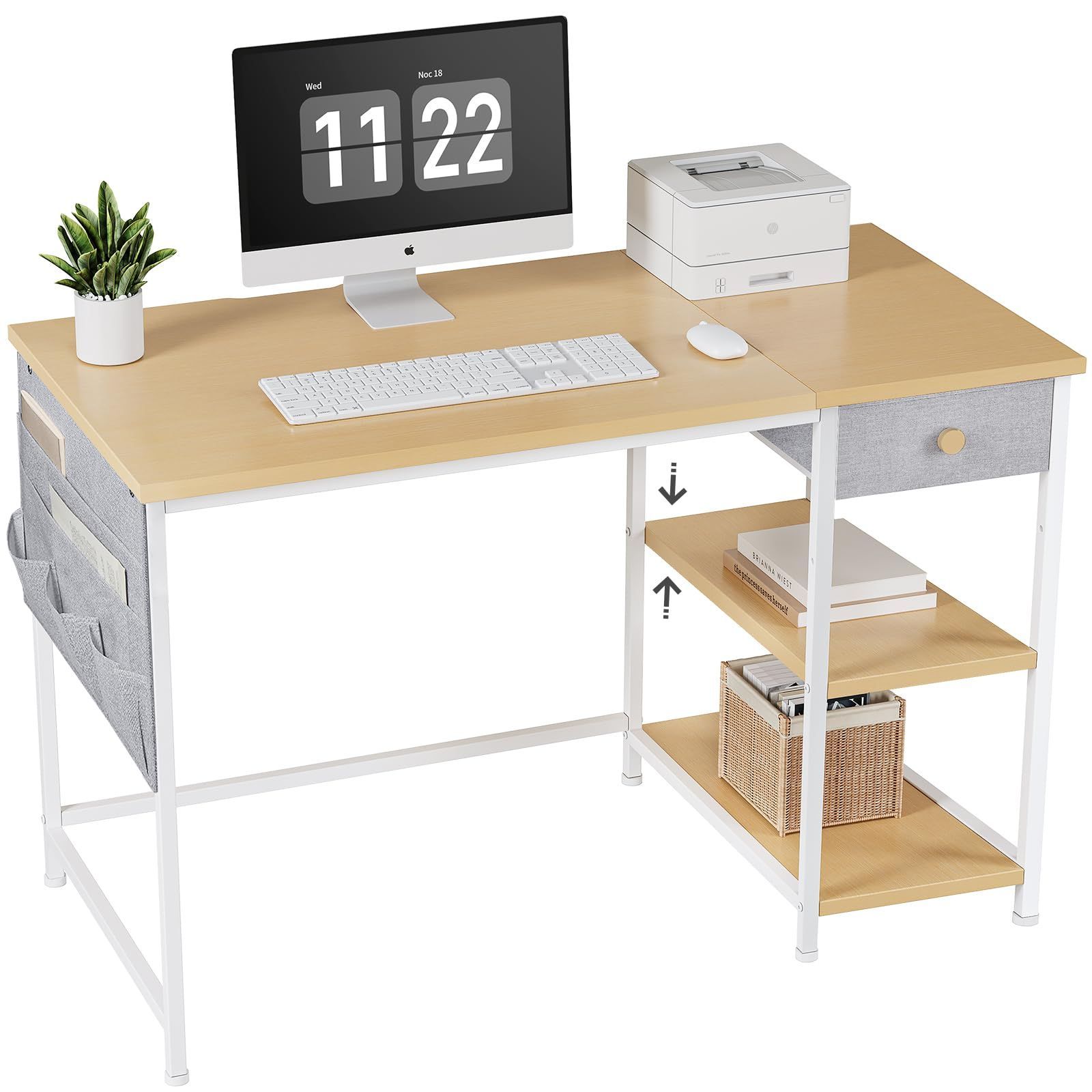 数量 pcデスク パソコンデスク ラック付き 幅120cm×奥行55cm 布製引き出し付き ワークデスク つくえ オフィスデスク 収納ラック 収納袋付き デスク 勉強机 学習机 左右入替可 YeTom テレワーク 在宅勤務 ライトオーク