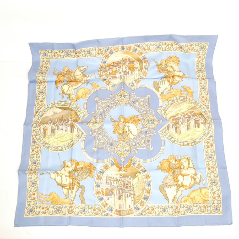 HERMES エルメス カレ90 LE TRIOMPHE DU PALADIN 正義の騎士の勝利 スカーフ シルク ライトブルー 大判 ストール 服飾小物 レディース AU3429