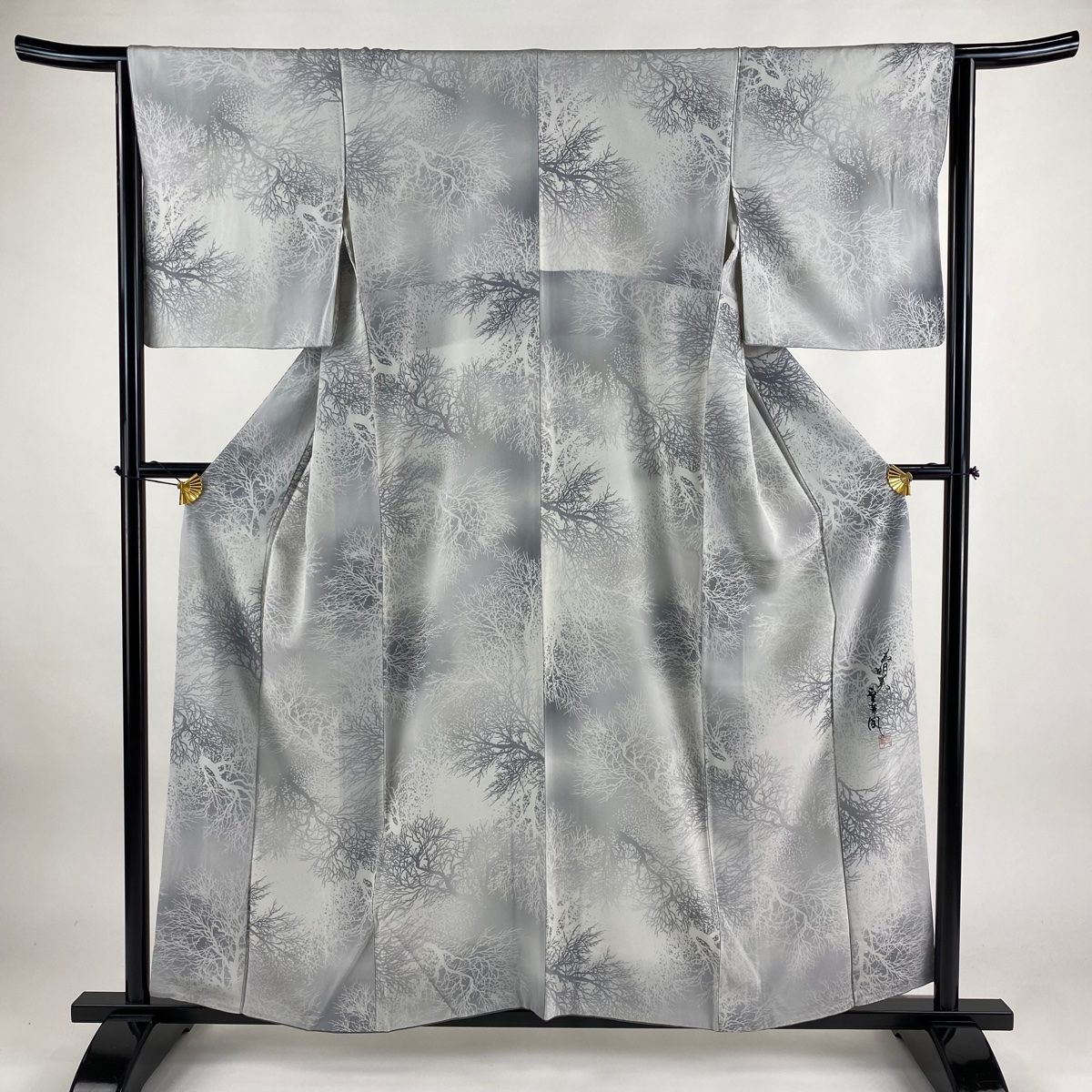 小紋 身丈156.5cm 裄丈64cm M 袷 落款 樹木 ぼかし 灰色 正絹 名品