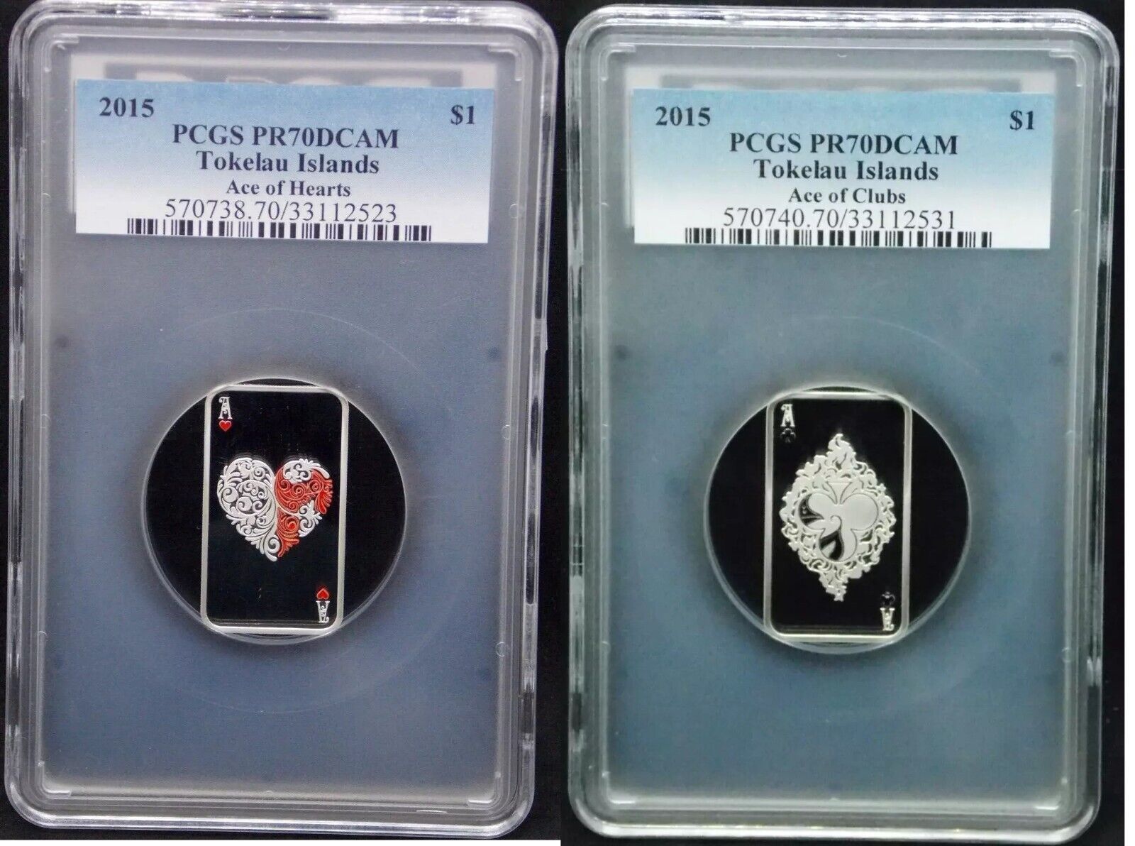 2015 $1 Tokelau ACE OF HEARTS -amp ACE OF CLUBS .999 Silver PCGS PR70 poker h em