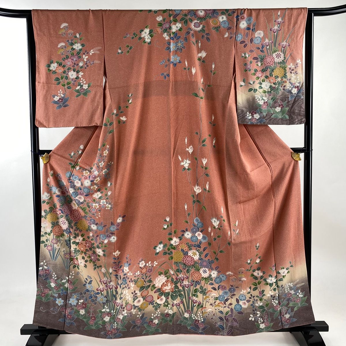 極美品　訪問着　着物　身丈158cm 裄丈64cm 藍色、赤 訪問着 身丈158cm 裄丈63.5cm S 袷 草花 波 刺繍 絞り 薄小豆