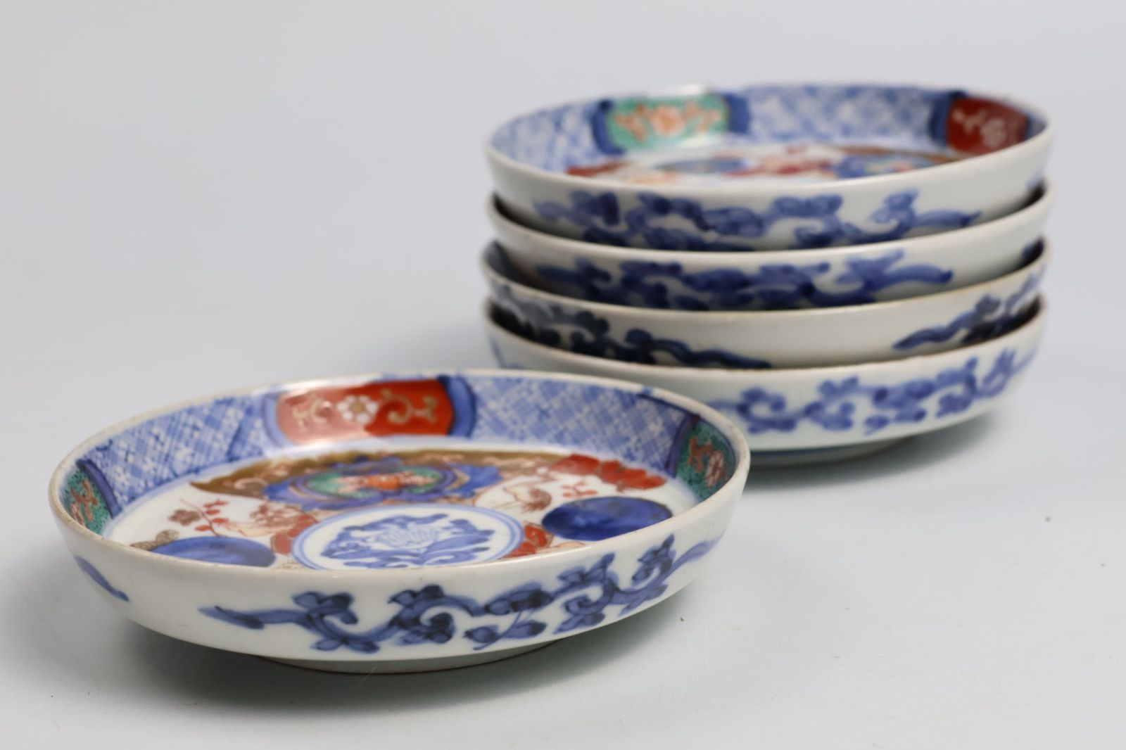 827 色絵 花 鶴 古伊万里 伊万里焼 骨董 アンティーク 小皿 5客セット