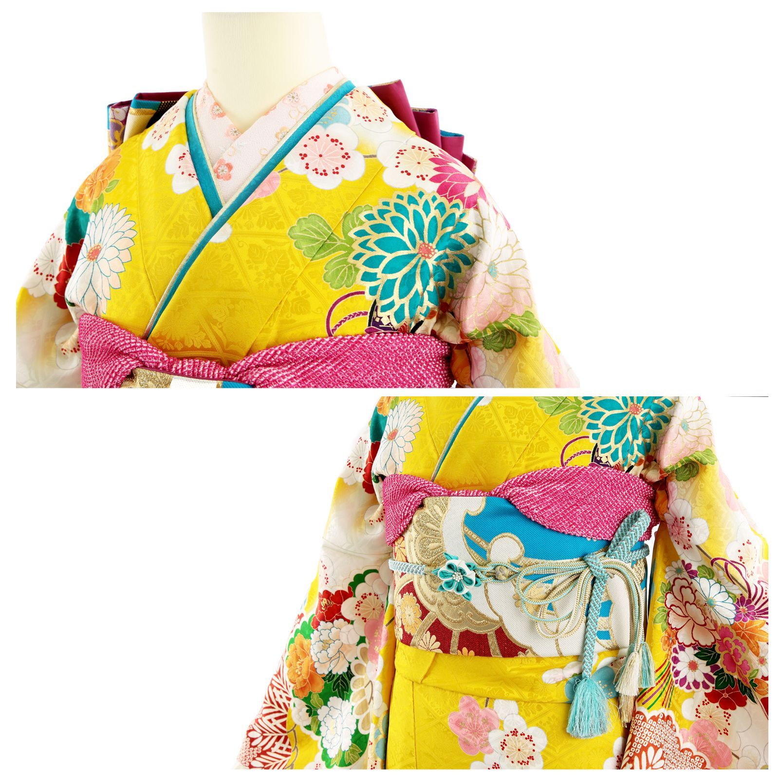 振袖 振袖セット USED振袖 黄色 新古典柄 鼓柄 菊 7点フルセット