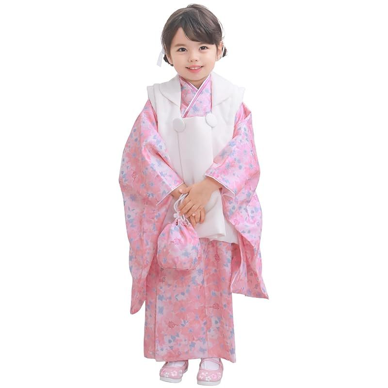 KYOETSU キョウエツ 自宅で簡単着付け 七五三 3歳 女の子 着物 セパレート 二部式 セット 被布 小物 フルセット 753 4点セット くすみ 12.桃霞の花綴り 90-100cm 1
