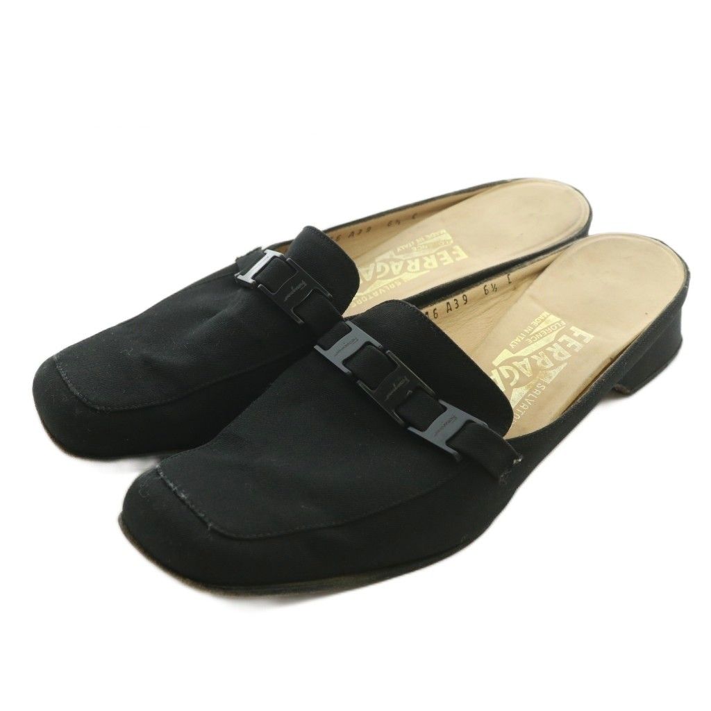 サルヴァトーレフェラガモ Salvatore Ferragamo サンダル ローファー ファブリック スクエアトゥ バックル ロゴ 6.5 23.5cm 黒 ブラック XZ GY19