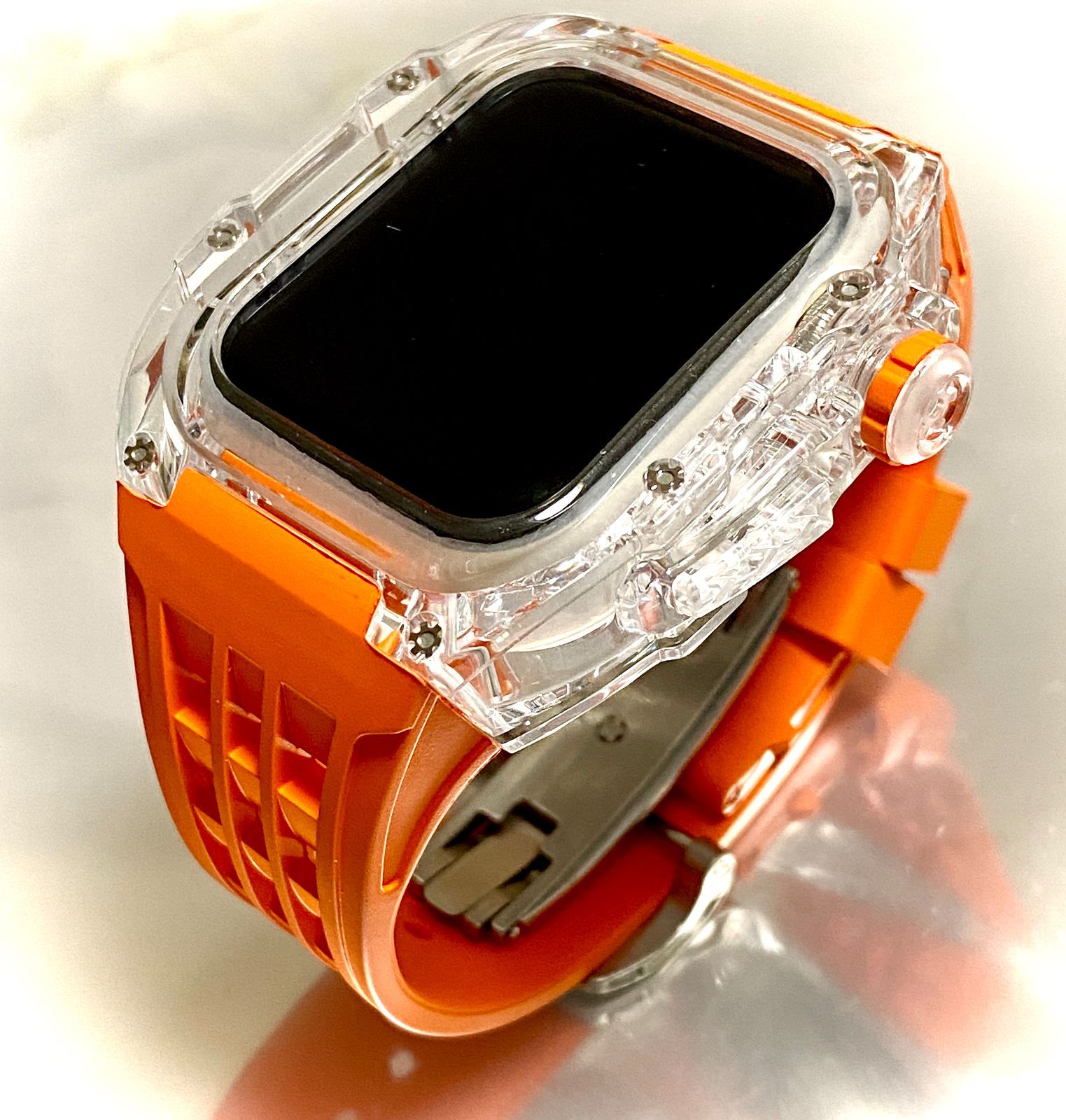オレンジ☆アップルウォッチバンド ラバーベルト カバー Apple Watch ウルトラ ultraクリア ケース 49㎜-