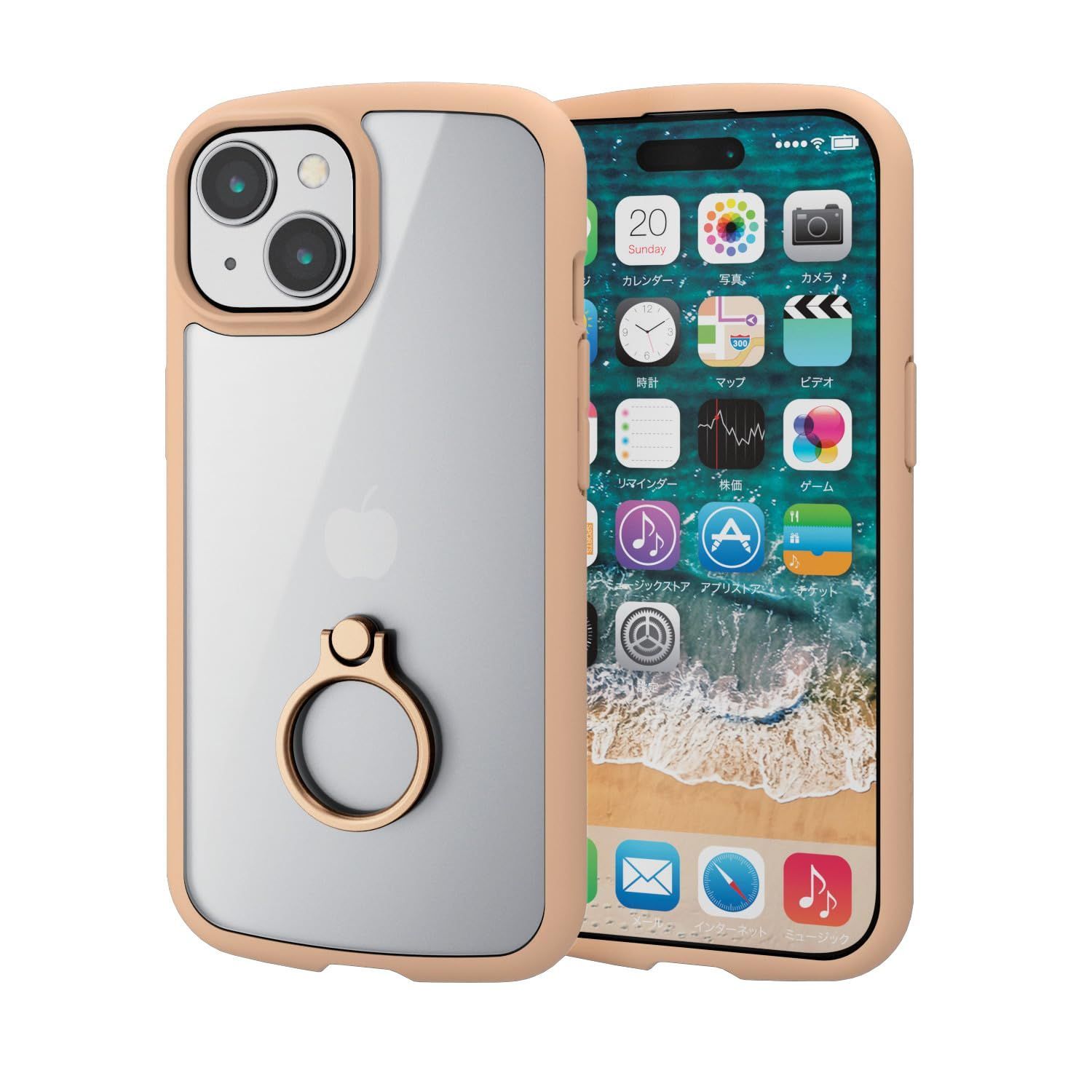 エレコム iPhone15 ケース TOUGH SLIM LITE リング付き 耐衝撃 衝撃吸収 薄型 軽量 ストラップシート付き ストラップホール付き カフェオレ PM-A23ATSLFCRBE