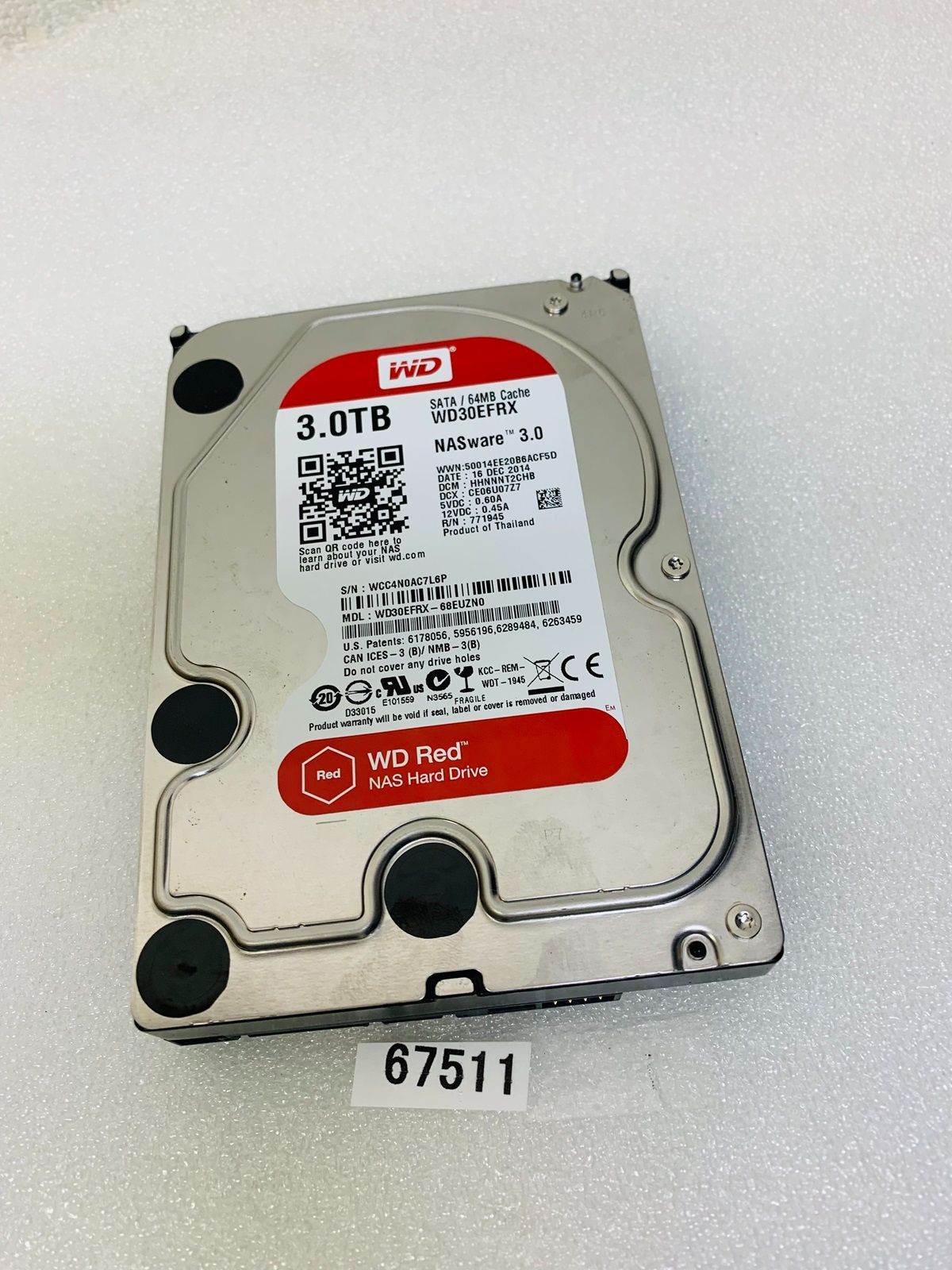 3TB SATA 3.5 インチ HDD WESTERN DIGITAL WD30EFRX 3000GB 3.5インチ ハードディスク 5400回転 中古 使用時間9373時間