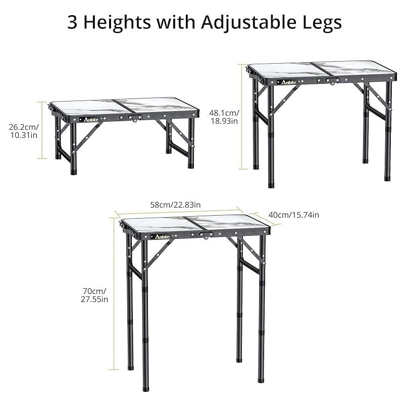 Anbte 折りたたみ式キャンプテーブル 収納ネット付き 高さ3段階調節 2フィート アルミニウム製 小型折りたたみテーブル 軽量アウトドアテーブル 旅行 ピクニック キャンプ用ポータブルハンドル 60cm×40cm ピュアブラック 大理石模様