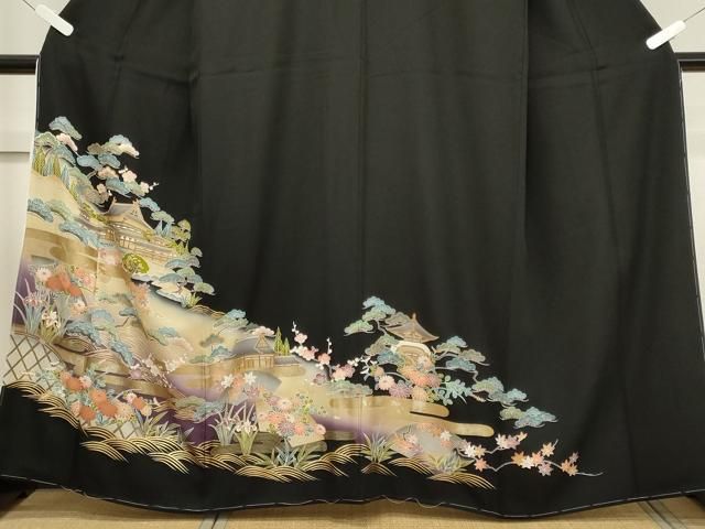 平和屋着物□豪華黒留袖 作家物 流水草花文 暈し染め 金彩