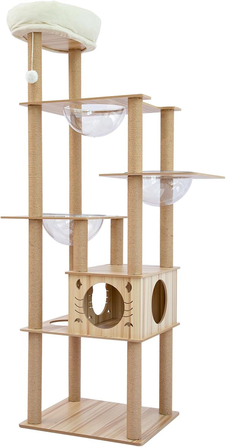 PETTOM キャットタワー 木製 猫タワー 据え置き 高さ187cm 三つの宇宙船 多頭飼い大型猫