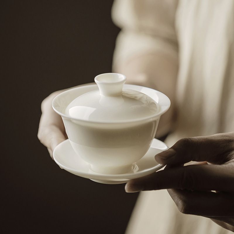 新品 三才蓋碗 豚脂白 中国茶 中国茶器 陶磁 台湾茶器 中国茶