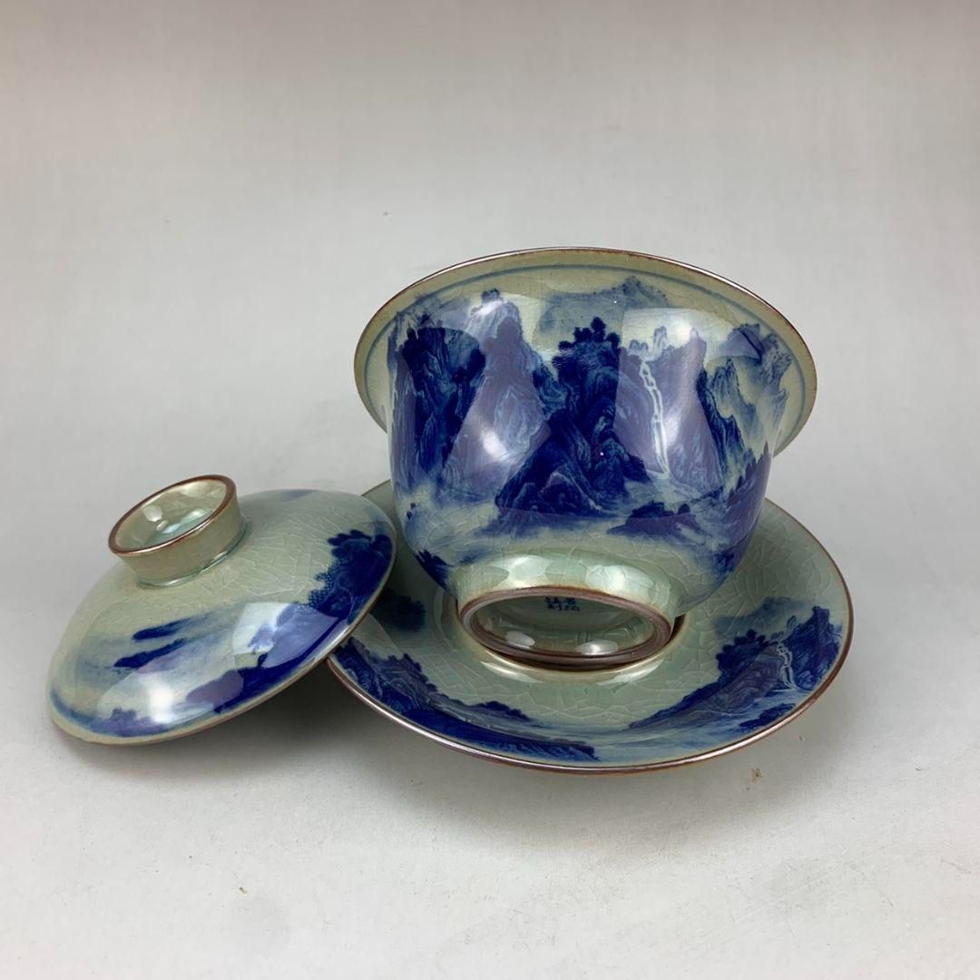 中国茶器 景徳鎮 陶磁鯖山水蓋碗 茶碗 煎茶器 茶道具 新品未使用 中国茶器 景徳鎮 陶磁鯖山水蓋碗 茶碗 煎茶器 茶道具 新品未使用