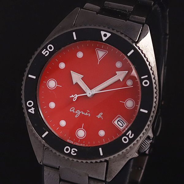 稼働 良品 アニエスベー QZ V742-8060 デイト ラウンド 赤文字盤