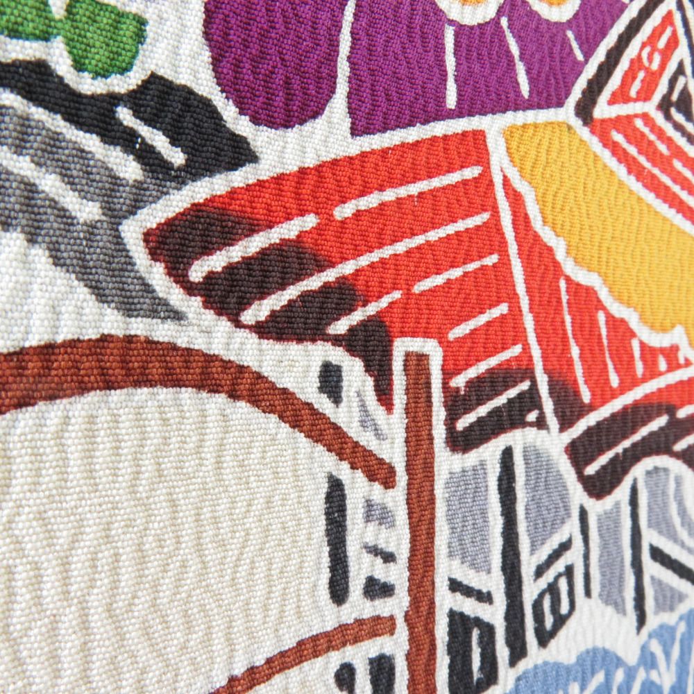 振袖 正絹 薄茶色x多色 型染め 風景に花鳥紋様 袷 広衿 成人式 卒業式