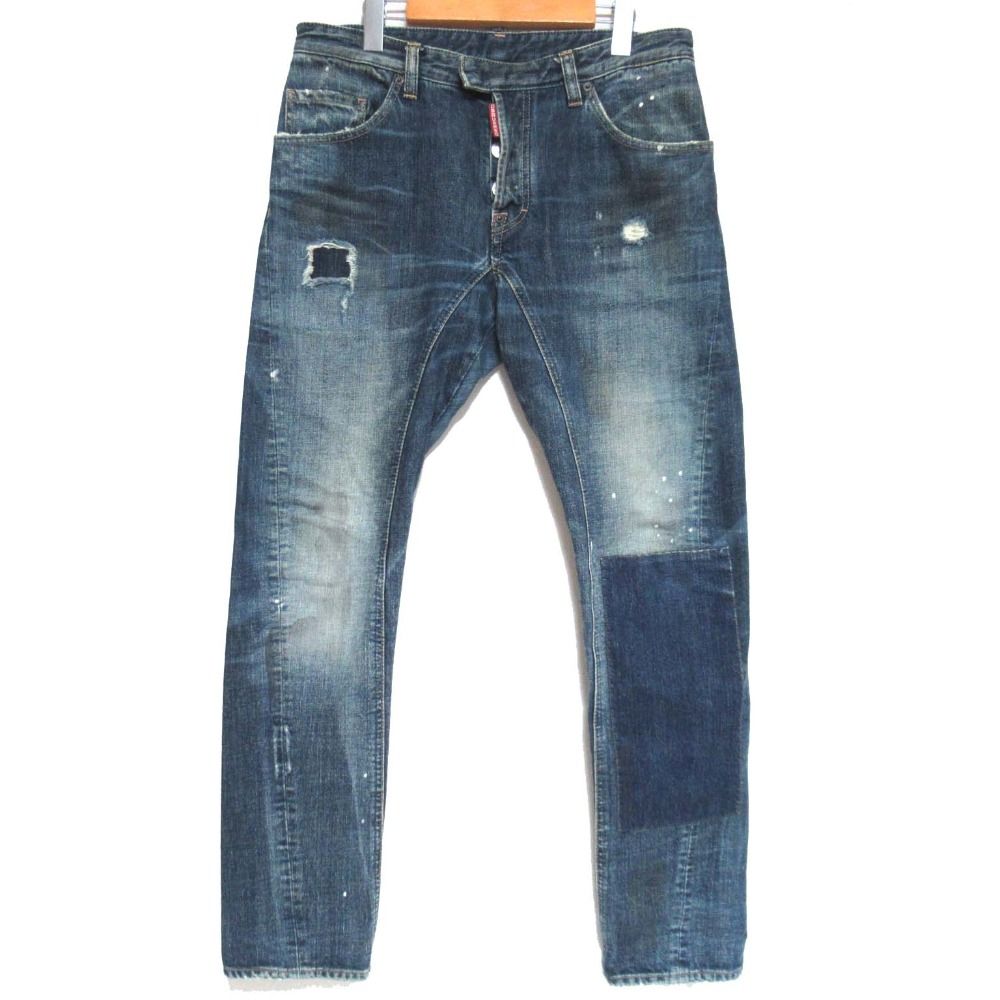 美品 DSQUARED2 ディースクエアード ダメージ＆リペア加工 立体裁断 ボタンフライ デニムパンツ ジーンズ 46サイズ インディゴブルー メンズ 古着 中古 USED