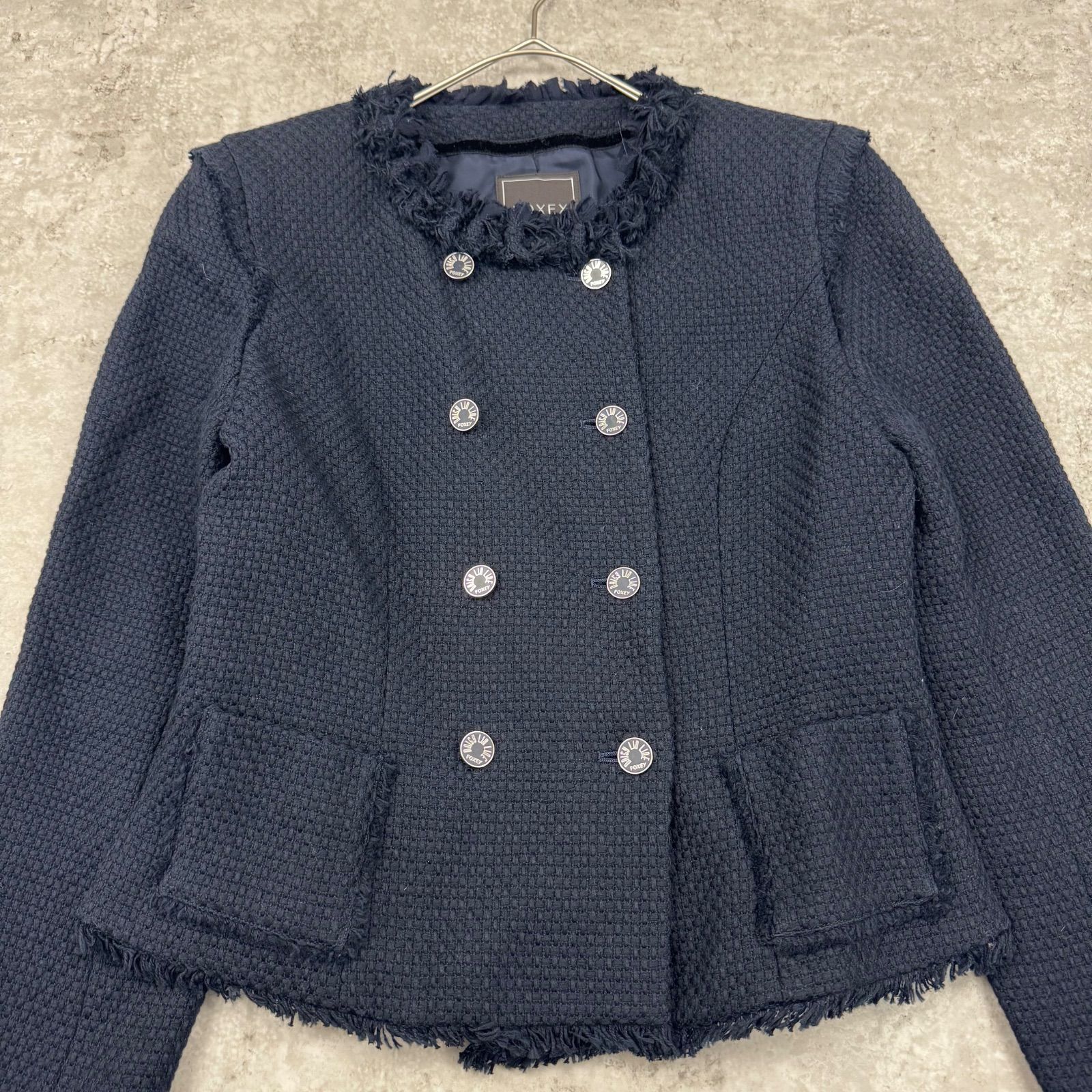 FOXEY ノーカラージャケット ブラック ツイード　40 美品】FOXEY フォクシー ノーカラー ツイード ジャケット ネイビー 40