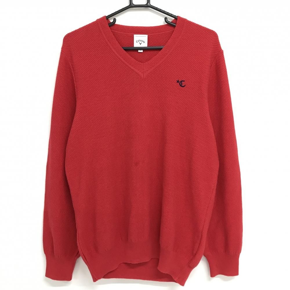 美品】キャロウェイ セーター レッド 凹凸生地 ロゴ刺しゅう カシミヤ 美品】キャロウェイ セーター レッド 凹凸生地 ロゴ刺しゅう カシミヤ