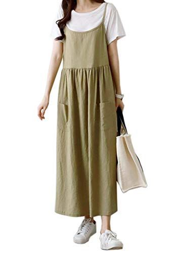 Size Free Size_Color カーキ byDream 麻混 キャミワンピース ジャンパースカート レディース マタニティ ゆったり 大きいサイズ ロング丈 春夏 カーキ