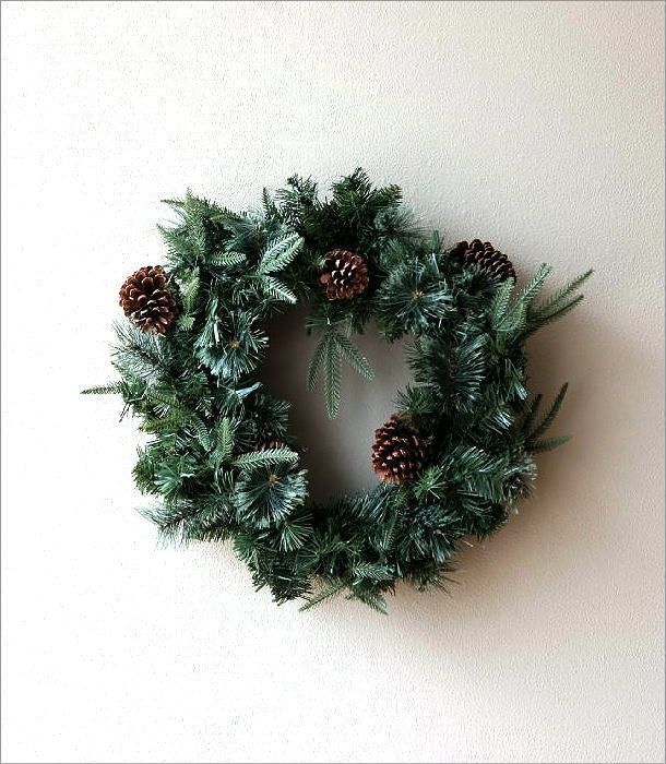 クリスマスリース おしゃれ 玄関 大きい 55cm LED イルミネーション リビング 松ぼっくり 北欧 グリーン もみの木とコーンのLEDリース