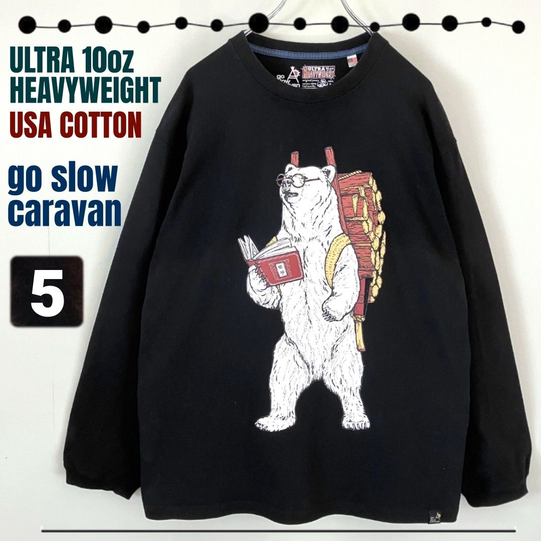 go slow caravan★10oz ウルトラヘビーウエイト/USA製コットン★二宮金次郎クマ★ロングスリーブTシャツ/ロンT★サイズ5(メンズXL)  #2502F032