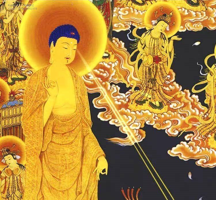 仏画】 掛軸 絹本極彩色画 阿弥陀如来 西方三聖 観音菩薩 接引図