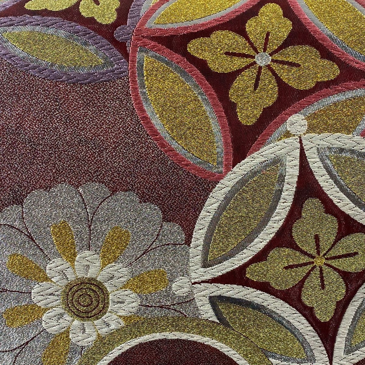 袋帯 美品 秀品 七宝 花 刺繍 箔 えんじ色 六通 正絹 【中古