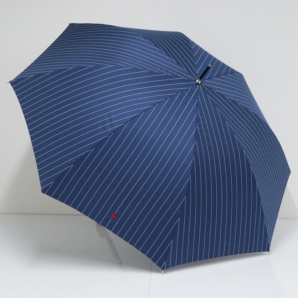 傘 Polo Ralph Lauren ポロラルフローレン USED美品 ストライプ ネイビー ポロ刺繍 ジャンプ 紳士傘 大判 65cm S2082