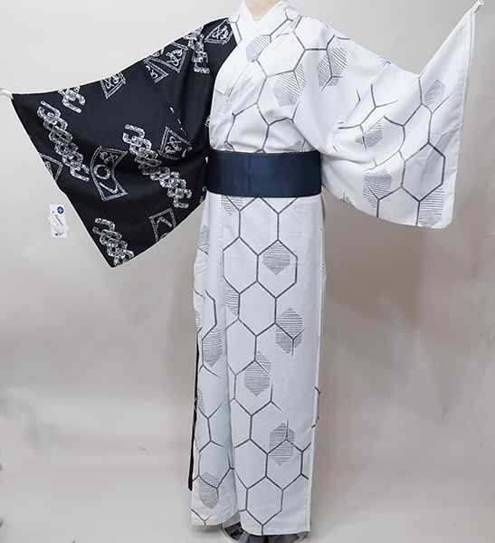 浴衣 単品 仕立て上がり 男性用 半身仕立て CooPass ポリエステル100％ 4L-5L 約175cm～ 白色×黒色 NO42138