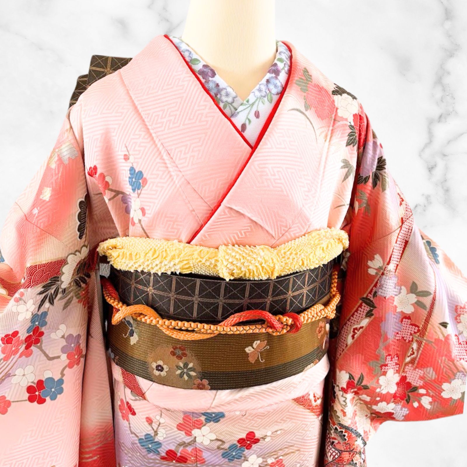 トール 美品 振袖 フルセット 身丈165 正絹 furisode 辛子色 Furisode Kimono Full Set Pink with Floral Design Reversible