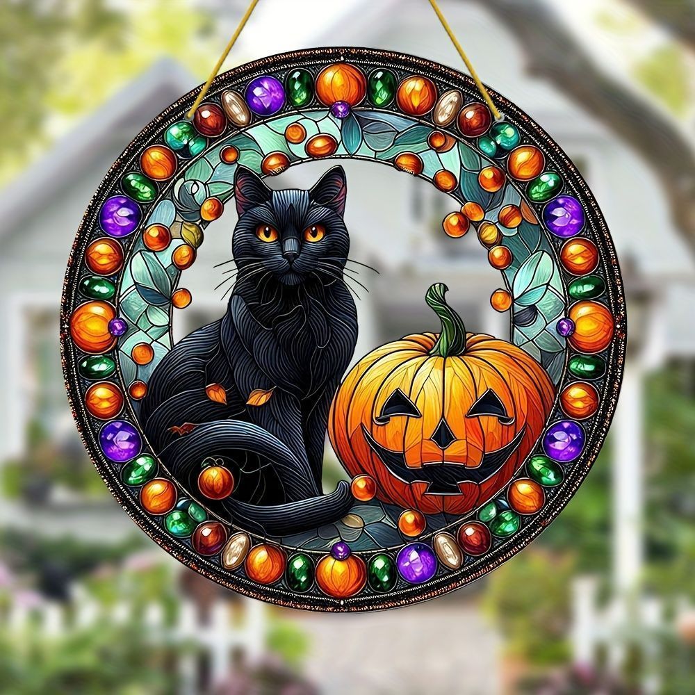インテリア サンキャッチャー ハロウィン 雑貨 20cm 黒猫 吊り下げデコレーション アクリル製 黒猫 かぼちゃ デザイン サンキャッチャー装飾品 屋内用 屋外 壁掛け 装飾 玄関の壁用